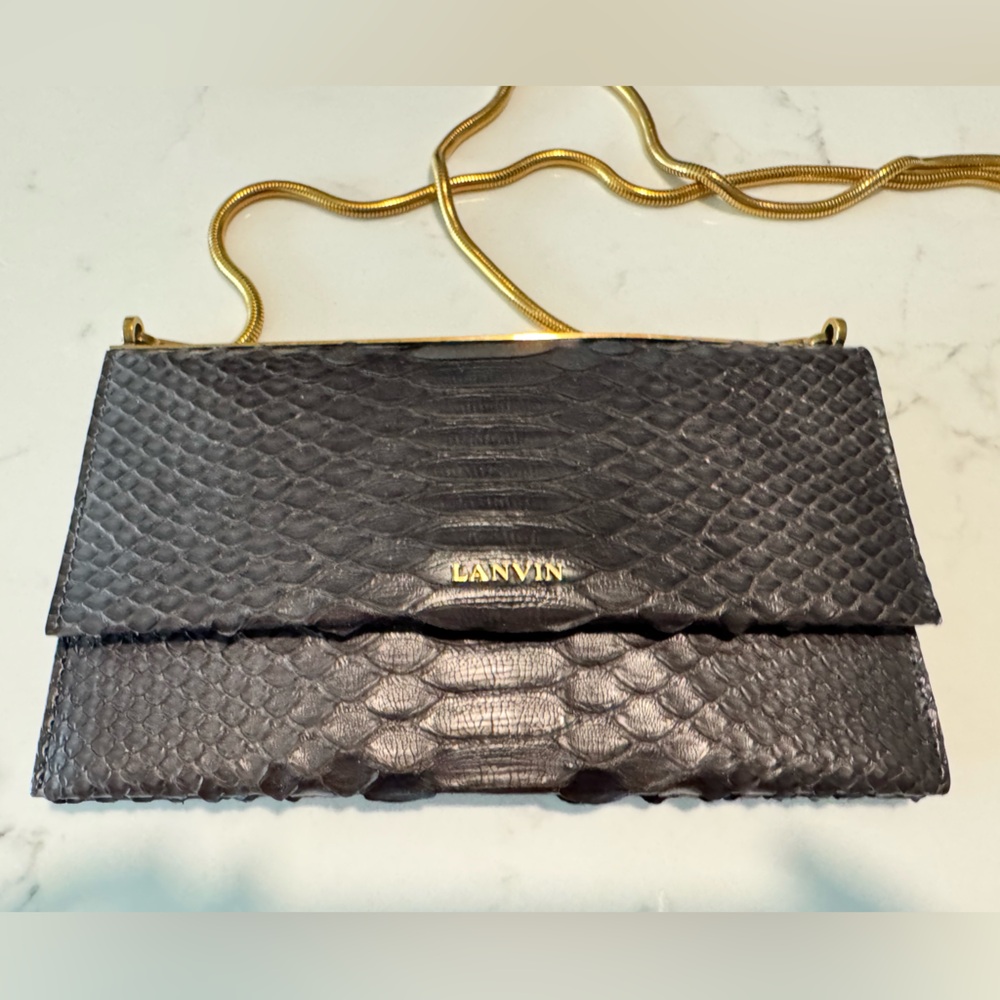Lanvin Black Snake-Embossed Clutch with Gold Chain
